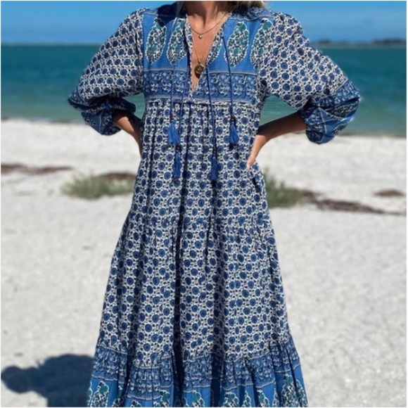 Emerson Fry India Collection Indigo Heirloom Maxi Dress S - Picture 1 of 15